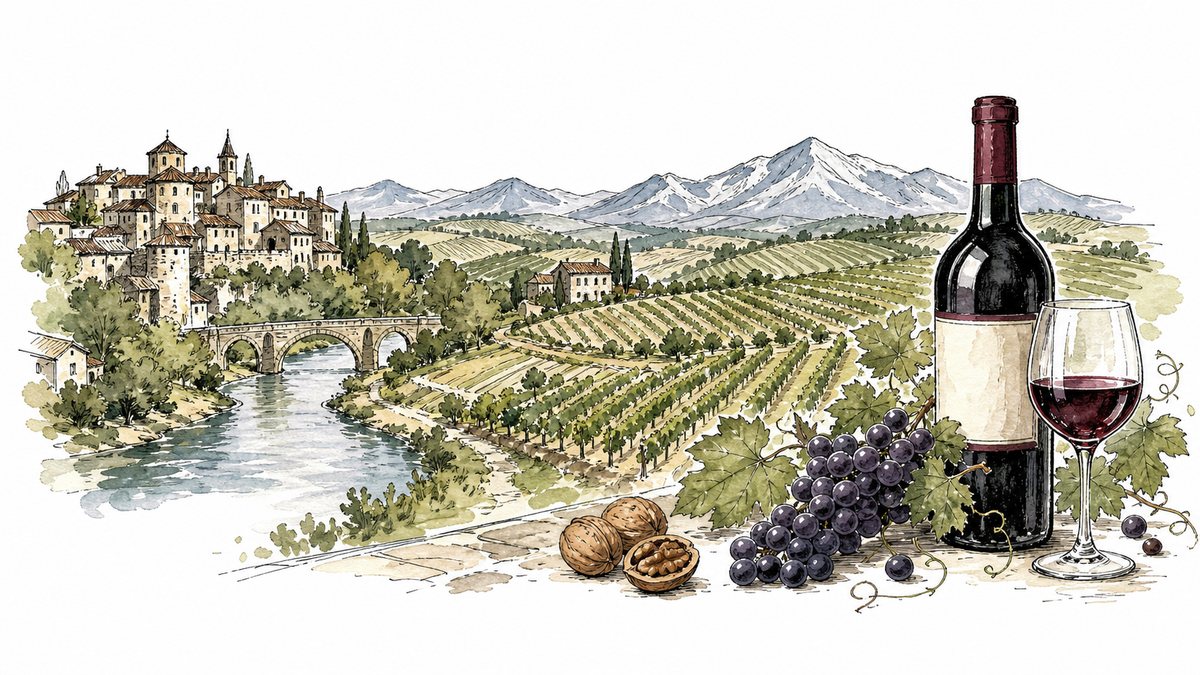 シュド・ウエストの川沿いの畑、石造りの村、濃い赤ワインを描いた手描き風イラスト